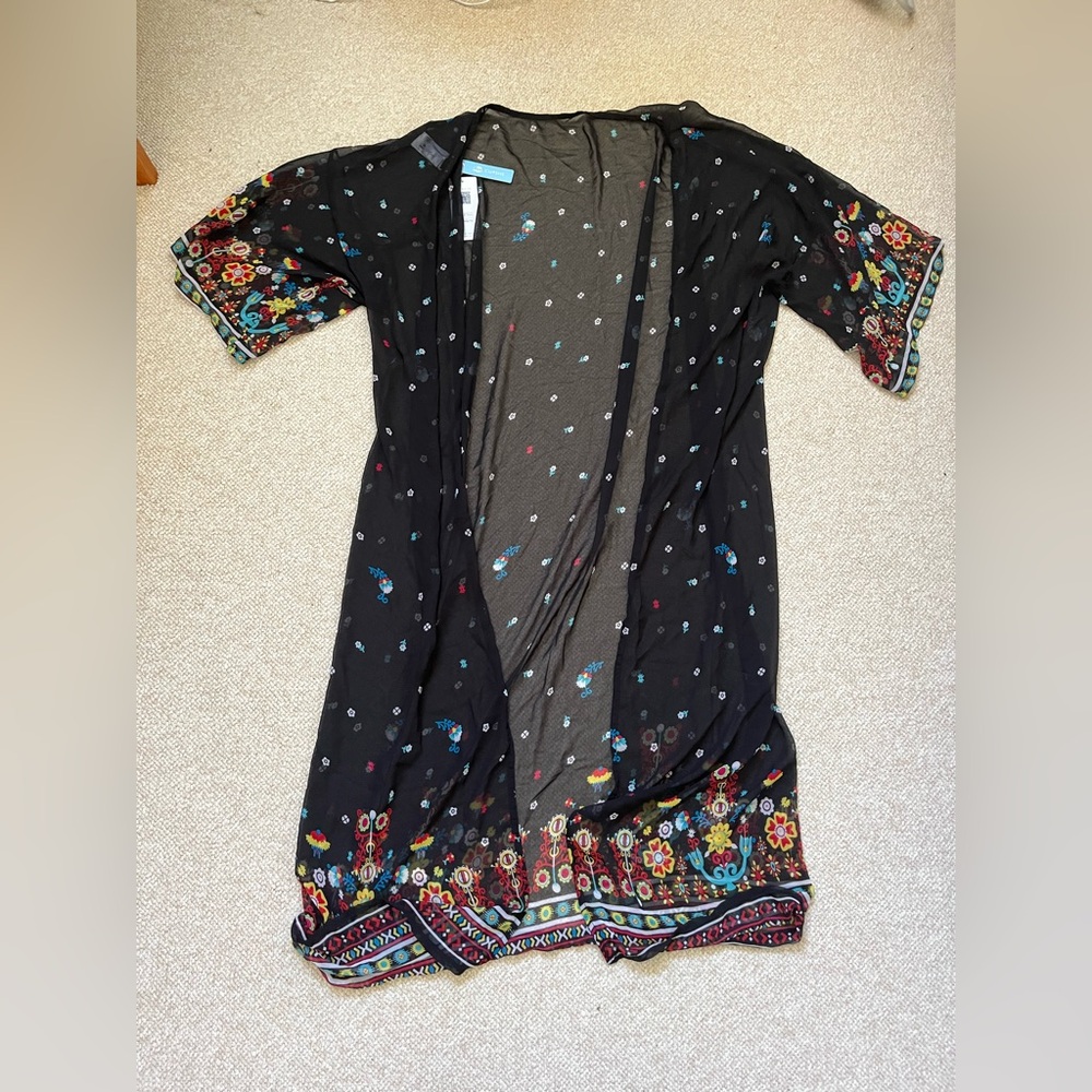 Cupshe Black Sheer Floral-Print Kimono with Teal & Cream Accents